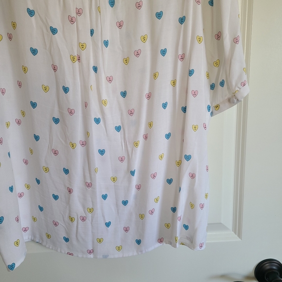White Conversation Hearts Valentine Ruffle Short Sleeve Blouse Large - Picture 6 of 8